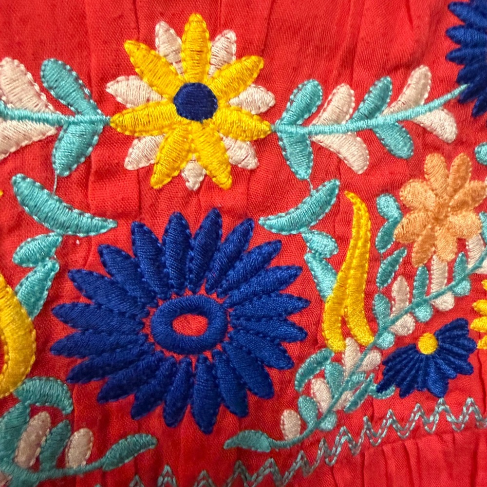 Beige by ECI Red Crinkle Embroidered Floral Boho Shift Dress Peasant Hippie Sz L - Picture 6 of 11